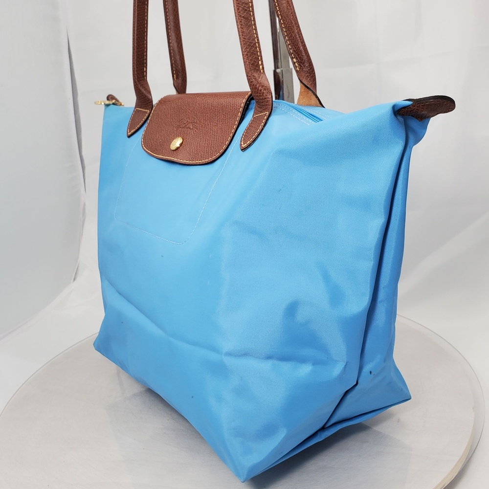 Longchamp Le Pliage Large Nylon Large Shoulder Tote Bag Blue Brown Shopper - Picture 5 of 16